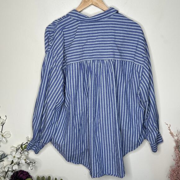 ANTHROPOLOGIE x PILCRO Reworked Ruched Buttondown Shirt Blue Stripe Sz L {PP48} - Picture 5 of 7